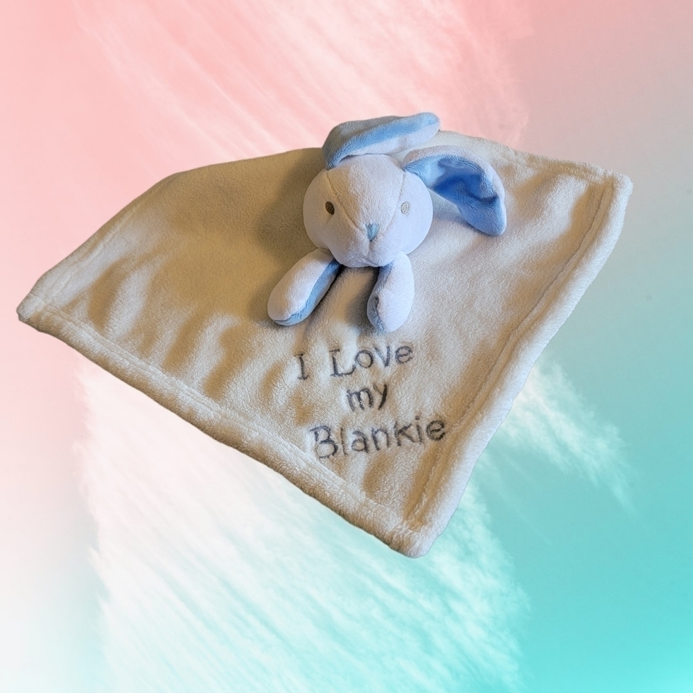 Bunny Rabbit Plush "I Love My Blankie" Blue & White Security Blanket Lovey T03
